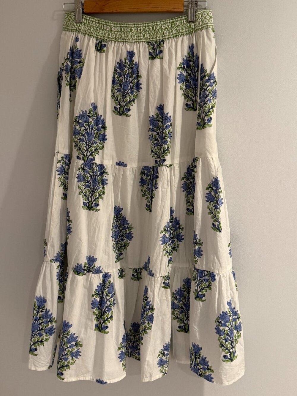 RNWK Renwick Blue Green Block Print Tiered Maxi Skirt